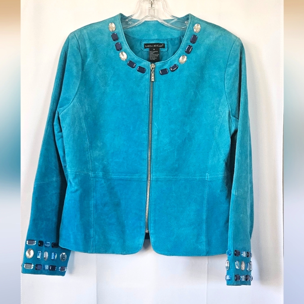 Karen Arnold Turquoise Jeweled Suede Jacket Size Medium‎